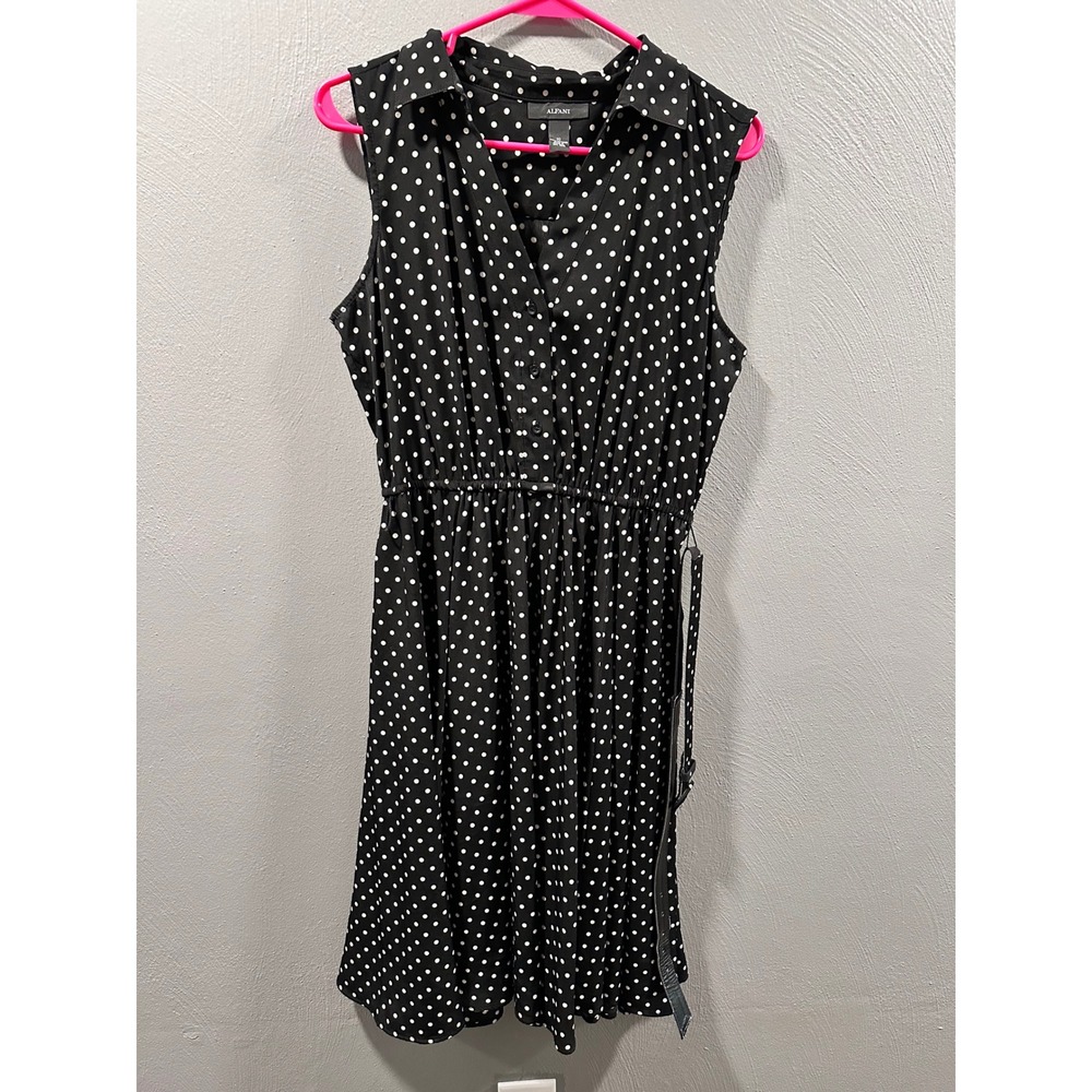 Alfani Womens Black White Polka Dot Sleeveless Belted Shirt Dress Size 10